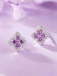 3pcs/Set S925 Sterling Silver Elegant Full Rhinestone Clover Stud Earrings, Exquisite Jewelry For Women, Symbolizing Love And Protection, Gift For Her - Silver - View 2
