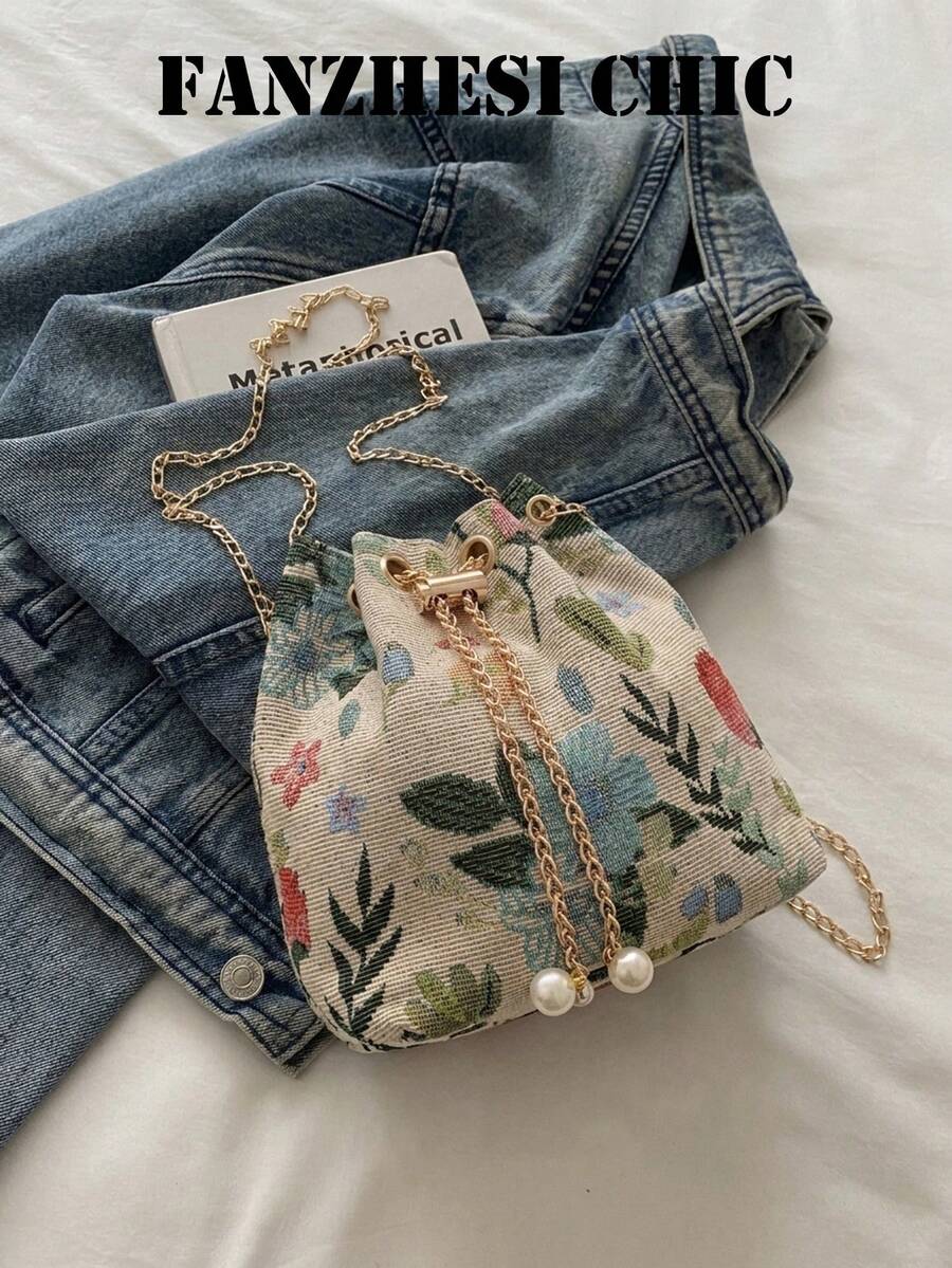 Shoulder Bag With Colorful Floral Pattern, Bucket Bag With Adjustable Metal Chain For Shoulder And Crossbody Use, Drawstring Closure, Interior Space For Makeup And Small Items, Suitable For Daily Outings, Shopping, Commuting And Travel - Green - View 1
