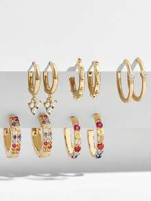 5pairs Rhinestone Hoop Earrings - Multicolor - View 1