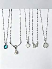 5pcs/Set Elegant Design Necklace With White Jade Moonstone, Minimalist Luxury Versatile Choker Necklace - Necklace - View 4