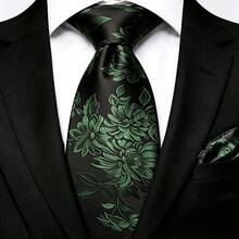 男士領帶套裝，經典時尚領帶與口袋巾套裝，適用於婚禮、商務和宴會 - 黑綠 - 查看 2