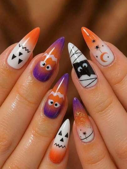 96pcs Halloween Glow-In-The-Dark Nail Decals, Luminous Ghost & Spider Web Nail Stickers, Y2K Style Cute Almond Shaped Fake Nails, Nail Art Supplies