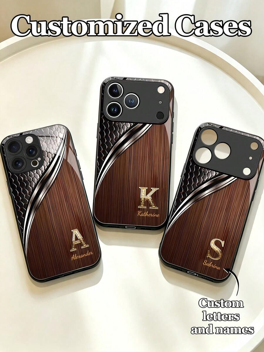 輕奢木紋與蛇紋拼接客製化字母圖案設計強化玻璃手機殼,適用於 iPhone 17 Pro Max/17 Air/15/16 Pro/14 Plus/13 Pro/12 Pro Max/11/Xs Max/8/7/6 Plus/S24 Ultra/S25 Ultra/A12/Note 13/14/K40/11,時尚商務男士高級個性化手機保護殼,送給家人、同事與朋友的完美禮物 - 黑色 - 查看 1