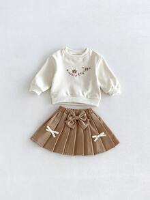 Miniweenns 2pcs/Set Baby Girl Spring/Autumn Outdoor Casual Back To School Long Sleeve Applique Sweatshirt + Sweet Pleated Skirt - Multicolor - View 13