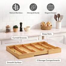 Expandable Bamboo Drawer Organizer With Dividers, Adjustable Kitchen Drawer Organizer For Large Cooking Utensils Cutlery, Kitchen Drawer Organization - View 8