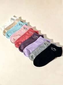 1/5/10 Pairs Women's Cartoon Pattern Solid Color Boat Socks, Comfortable Sweat-Absorbing Breathable Casual Socks, Suitable For Daily, Home, School Style, All Seasons - Multicolor - View 2