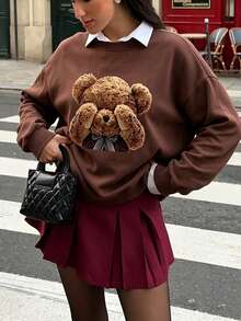 Women's Cute Teddy Bear Print Long Sleeve Crew Neck Pullover Sweatshirt, Ribbed Knit Detail Street Casual Versatile Sweatshirt Brown Fall - Brown - View 5
