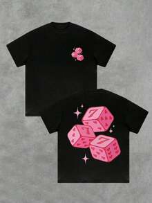 2026 Rosa T-Shirt mit beidseitigem Digitaldruck, Würfel- und Herzmuster, 220g, lässiger Stil, 1 Stück, für Herren, kurze Ärmel, 100% Baumwolle, Glücksspielmotiv, Lucky Seven, locker geschnitten. - Schwarz - Übersicht 11