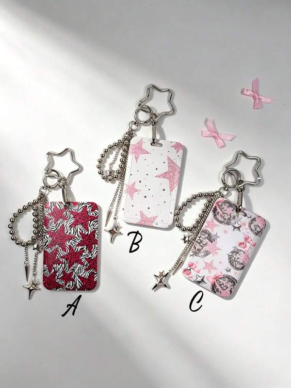 Gothic Style Star Print Card Holder With Rivet Pendant, Bag Charm, Key Chain, Wallet, Business Bank Credit Card Holder For Men And Women