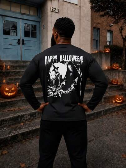 AnChiStreetwear--Plus Size Men's Halloween Grim Reaper Print Loose Long Sleeve T-Shirt, Men's Street Style Loose T-Shirt, Halloween Pattern T-Shirt, Japanese Casual Loose Long Sleeve T-Shirt, Daily Wear