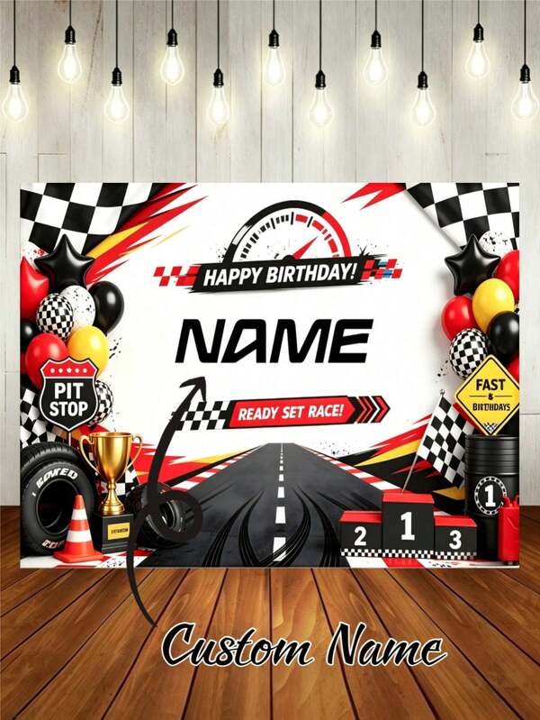 Customizable Name Cool Racing Championship Winner Happy Birthday Banner Black & White Checkered Flag Balloon Tire Oil Drum Trophy Design, Suitable For Racing Car Birthday Party, Wall Decoration, Photo Backdrop, Vinyl Banner Prop