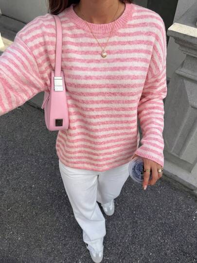Damen Herbst Winter Rosa Weiß Gestreifter Rundhals Flauschiger Strickpullover Oversize Locker Weich Gemütlich Lässig Täglich Pullover Oberteil