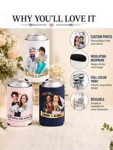 Custom Wedding Photo Can Cooler Sleeves, Personalized With Couple Photos, Names And Custom Text, Practical Drink Sleeves For Wedding Receptions And Bridal Events, Unique Guest Favors, Fun Keepsakes To Commemorate Your Unforgettable Big Wedding Day. - Multicolor - View 3