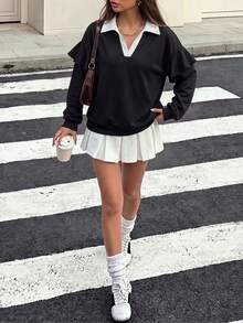 Women Fall Elegant Collared V Neck Long Sleeve Sweatshirt, Ruffle Detail, Loose Pullover Top For Holiday Festival Daily Outfit - Black and White - View 1