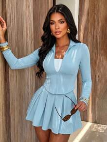 Chic Women's Two Pieces Outfit With Stand Collar Zipper Top And Pleated Mini Skirt, Elegant And Casual Corset-Inspired Design For Fall - Light Blue - View 5