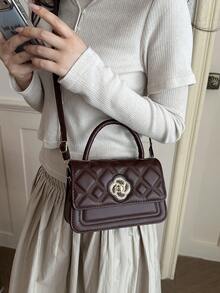Women's Quilted Handbag, Vintage Faux PU Leather Metal Twist Lock Small Crossbody Bag, Detachable Adjustable Shoulder Strap Elegant Daily Party Handbag - Coffee - View 3
