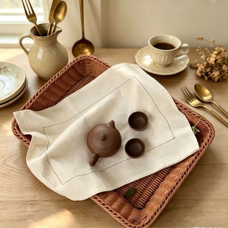 1/2/6件組 INS風極簡新中式方框內縫線茶布 茶桌墊 茶具攝影背景布 餐巾墊 - 彩色 - 查看 1