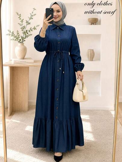 Women's Elegant Solid Color Front Button Cinched Waist Fashion Slimming Lapel Open Front Button Ruffle Hem Long Sleeve Dress, Fall/Winter