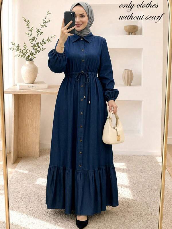 Women's Elegant Solid Color Front Button Cinched Waist Fashion Slimming Lapel Open Front Button Ruffle Hem Long Sleeve Dress, Fall/Winter
