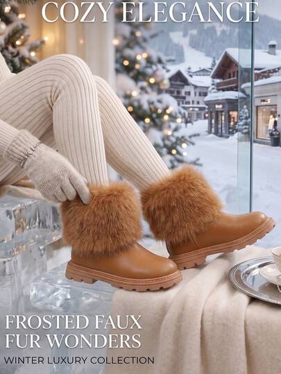 1 Pair Fashionable Snow Boots, Fuzzy Warm Ankle Boots, Girls Elegant Back Zipper Design Boots, Suitable For Girls Autumn/Winter Daily Wear, Outdoor Shopping And Travel, Winter Student Campus Shoes
