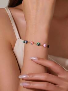 1pc Fashion Bohemian Style Stainless Steel Enamel Turkish Evil Eye Bracelet For Women, Colorful Evil Eye Pendant Jewelry Gift, Random Eye Color - Multicolor - View 5