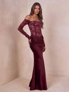 Elegant Women's Off-Shoulder Long Sleeve Lace Ruched Fitted Evening Gown, Suitable For Formal Occasions - Burgundy - View 8