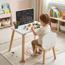 Weaning Table & Chair Set W/Chalkboard Brush Pot For Drawing Learning Mealtime White & Natural - White - View 5