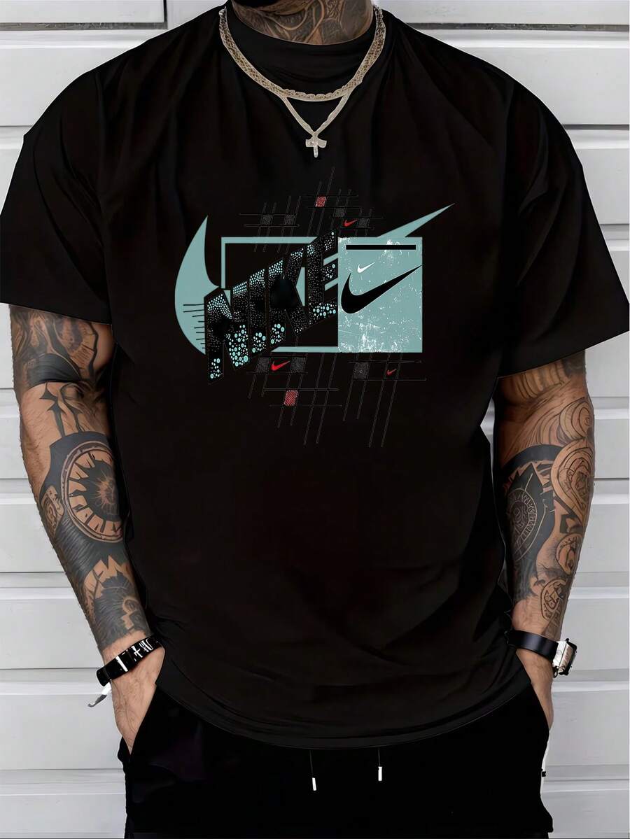 Men's Pure Cotton Short-Sleeved T-Shirt Casual Summer Daily Wear Regular Fit Breathable Soft Fabric Basic Style Printed Tee - 黑色 - 查看 1