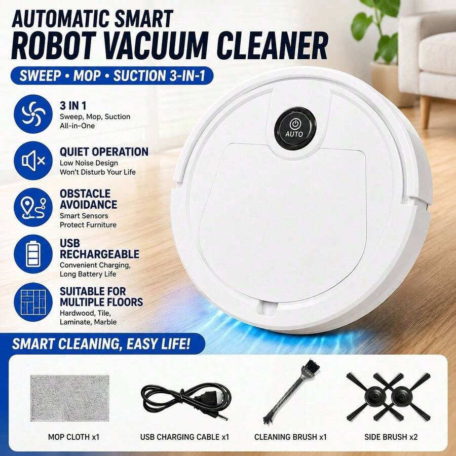 Robot Penyedot Debu Otomatis Pintar, Mesin Pembersih Lantai 3-in-1 Sapu Pel Vakum, Mesin Pembersih Rumah Robot Senyap dan Rendah Suara yang Dapat Diisi Ulang USB, Dengan Penghindar Rintangan, Cocok untuk Lantai Kayu dan Lantai Keramik - Robot Penyedot Debu 3-in-1 Warna Putih - View 1