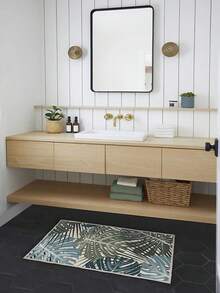 1PC Monstera & Palm Leaf Print Water Blue & Cream Area Rug, Modern Tropical Style Faux Cashmere Rectangular Intertwined Plant Leaf Pattern Machine Washable Floor Mat, Suitable For Living Room, Bedroom, Balcony Home Decor - Multicolor - View 7