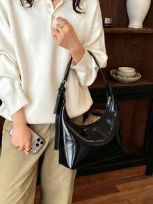 Bright Surface Underarm Bag Simple Crescent Moon Bag Adjustable Shoulder Strap Design High-End Feeling Commuting Versatile Women's Shoulder Bag - Black - View 3