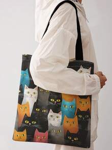 1pc Reading Black Cat Print Shoulder Tote,Large Capacity For Books,Groceries & Daily Beach Travel School Use.For Students, Great Daily Bag Or Gift - Multicolor - View 8