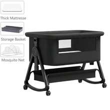 YAZOCO 3-In-1 Bedside Crib, Portable Baby Bed With Breathable Mesh And Sheets, Adjustable Bassinet Co-Sleeper With Storage Basket (Gold Grey) - Black - View 8