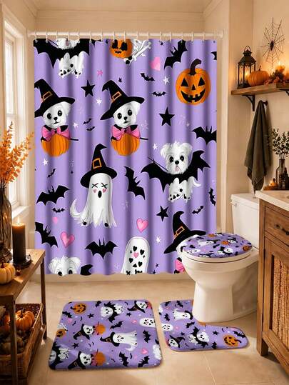 1/4pcs Halloween Gothic Bathroom Shower Curtain Set, For Thanksgiving Halloween Christmas Bathroom Decor, Bathroom Accessories Waterproof Shower Curtain With 12 Hooks, 12 Hooks Shower Curtain Waterproof Polyester Fabric, Decorative Bathtub Partition Curtain, Modern Home Bathroom Decor, Waterproof Polyester Fabric, Machine Washable, Grommet Top, No Liner Woven Shower Curtain, Suitable For Hotel Apartment Bathroom Decor, Home Decor Bathroom Accessories, All Seasons Suitable, Perfect As A Gift