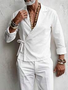 GOLDREDY Minimalist Solid Color Men's Relaxed Japanese Style Wrap Shirt, Linen Texture Loose Slouchy Tie Neck Long Sleeve Top - White - View 4