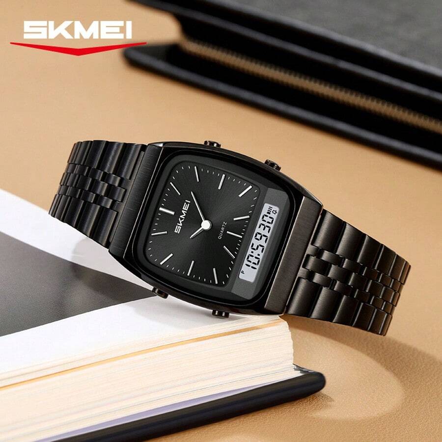 SKMEI 2585 Stainless Steel Dual Time Luxury & Fashion Watch Simple Pointer Big Dial Watches For Men