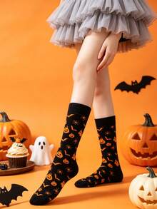1 Pair Women's Multi-Color Small Bat & Pumpkin Element Soft Comfortable Cute Quirky Fashion Halloween Mid-Calf Socks - Multicolor - View 3