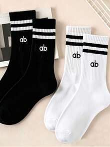 1/5/10 Pairs Unisex Letter Striped Black & White Sports Socks, Couple Socks, Comfortable Breathable Sweat-Absorbing Mid-Calf Socks, Casual Socks, Suitable For Daily Wear, Sports, Back To School Season, All Seasons - Black and White - View 2