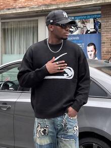 ANDREILEE Sweater Pullover Pria Kasual Bermotif Menarik Warna Polos Minimalis Kerah Bulat Lengan Panjang Longgar untuk Pemakaian Sehari-hari, di Rumah, Kantor, Perjalanan, Serbaguna Musim Gugur/Dingin - Hitam - View 2