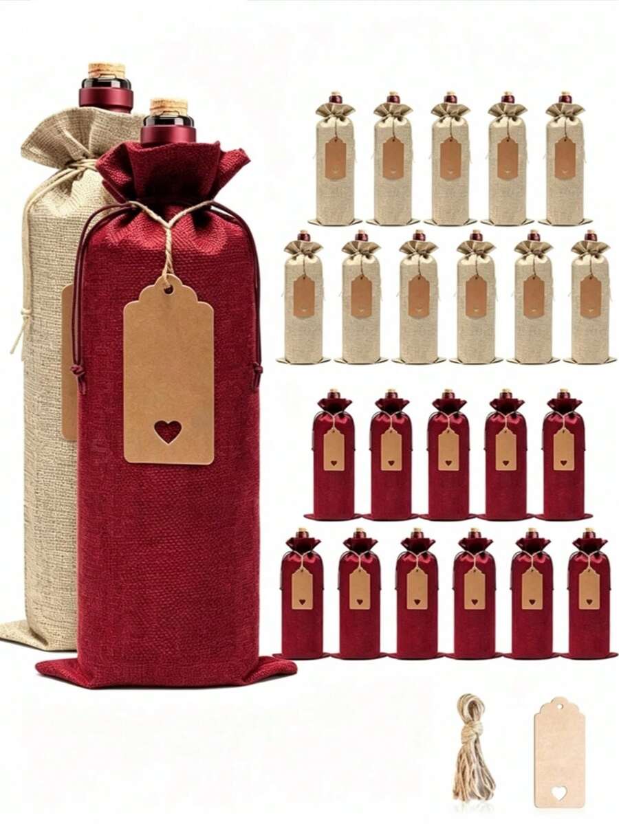 6/12pcs Drawstring Wine Bottle Gift Bags, Reusable, Includes Tags, Suitable For Birthday Party, Wedding, Christmas, New Year Decoration Party Supplies - Multicolor - View 1