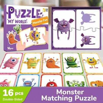 beartale Juego de 16 piezas de rompecabezas de emparejamiento de monstruos, juego de cartas de emparejamiento de sombras de monstruos lindos de doble cara, juguete de aprendizaje de educación temprana, juguete de rompecabezas de habilidades motoras finas y conjunto de actividades de viaje, regalo de cumpleaños ideal para niños y niñas, Halloween, Navidad