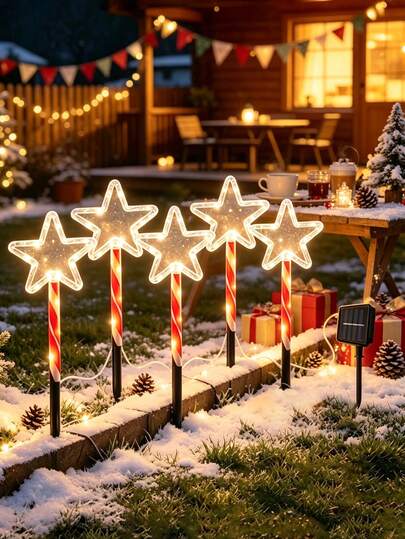 5pcs Solar Christmas Star Stake Lights,LED Warm White Candy Cane Pathway Lights,Waterproof Outdoor Ground Lamp For Yard Lawn Garden Xmas Holiday Decor