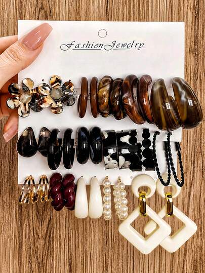 1/5/6/16 Pairs Autumn Vintage Multi-Color Resin Earrings Set For Women, Tortoiseshell Thick Hoop Earrings, Faux Pearl, Floral & Geometric Exaggerated Earrings