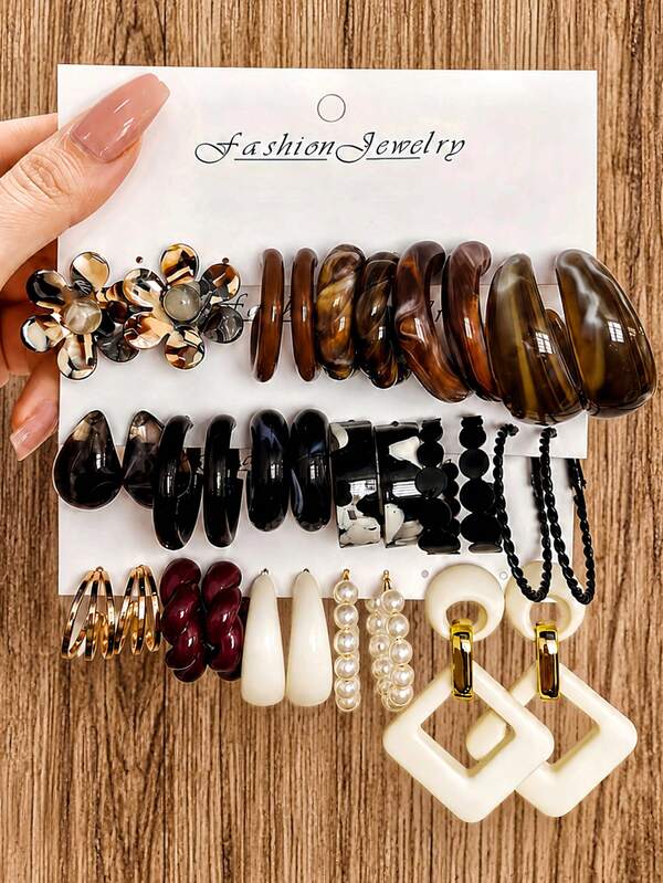1/5/6/16 Pairs Autumn Vintage Multi-Color Resin Earrings Set For Women, Tortoiseshell Thick Hoop Earrings, Faux Pearl, Floral & Geometric Exaggerated Earrings