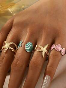 Ocean Starfish Shell Enamel Ring Set, Adjustable Open Stacking Rings, Summer Beach Vacation Jewelry For Women - Multicolor - View 1