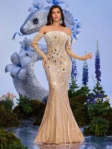 Elegant Women's Strapless Cold-Shoulder Long Sleeve Mesh Fabric Beaded Pearl Backless Formal Evening Gown - Champagne - View 5