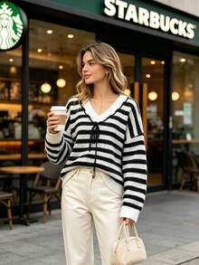 New Style Striped And Multicolored Lace V-Neck Long-Sleeved Plus Size Women's Knitted Sweater For Autumn And Winter - Multicolor - View 8