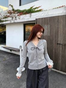 Autumn/Winter New Long Sleeve V-Neck Niche Design Vintage Unique Bow Tie Lace 2 In 1 Knit Sweater Top - Grey - View 6