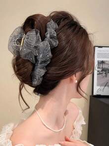 1pc Premium Mesh Polka Dot Floral Hair Claw Clip, Elegant Pleated Fabric Hair Accessory For Back Of Head Updo - Grey - View 5