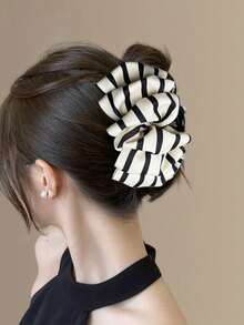 1pc Black Satin Glitter Rhinestone Flower Hair Clip, Large Ruffled Fabric Hair Claw, Elegant Updo Hair Accessory, Suitable For Women With Thick Hair, Beach Vacation Hair Clip - Black - View 8